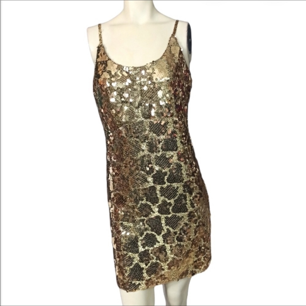 Alex Evenings Gold Sequins Spaghetti Strap Animal Pattern Mini Cocktail Dress